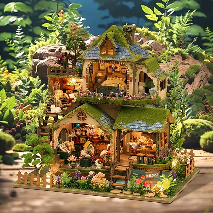 Foyucool Miniature House Kit, Mini House Building Kit with Light, Dollhouse Kits for for Adult to Building, Forest Adventure