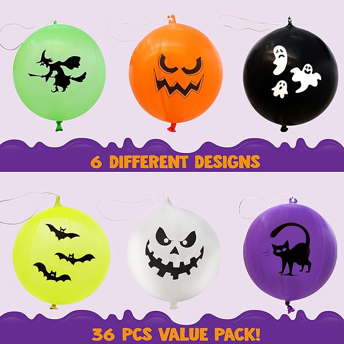 JOYIN 36 Pieces Halloween Punch Balloons for Kids Game Birthday Party Favor Supplies Decorations, Trick or Treat Toys, School Classroom Game Goodie Bags Stuffers