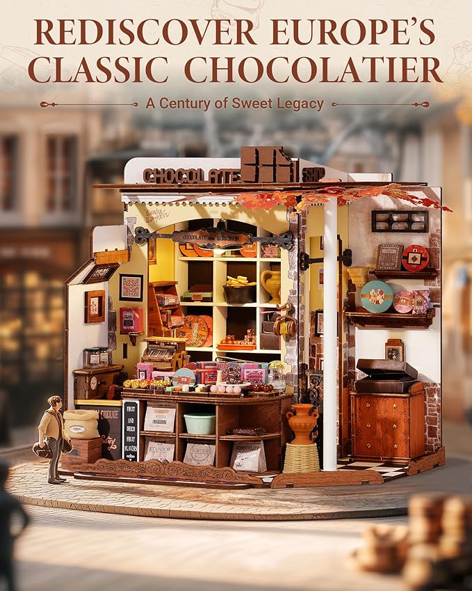 ROBOTIME DIY Miniature House Kit, Tiny House Building Kits，Mini Wooden Furniture Kit for Adults, Dollhouse for Birthday Christmas Craft Hobbies Gift（Henry's Chocolate）