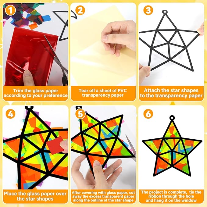 QOUBAI 32 Sets Back to School Stars Suncatchers Craft DIY Window Stained Glass Effect Patriotic 4th of July Paper Craft Home School Classroom Decor Kid Birthday Gift Creative Art Project Activity Game