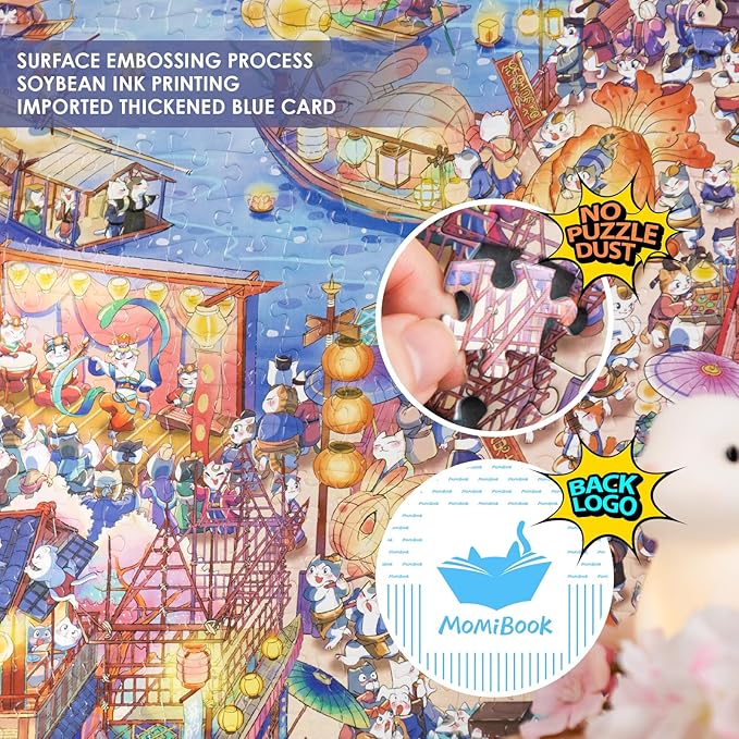 MOMIBOOK Puzzles for Adults 1000 Pieces Jigsaw Puzzles of Civet Cat River View, Painting Image Chinese Cat Puzzle Challenging Hard Impossible Puzzle Unique Funny Party Christmas Birthday Gifts