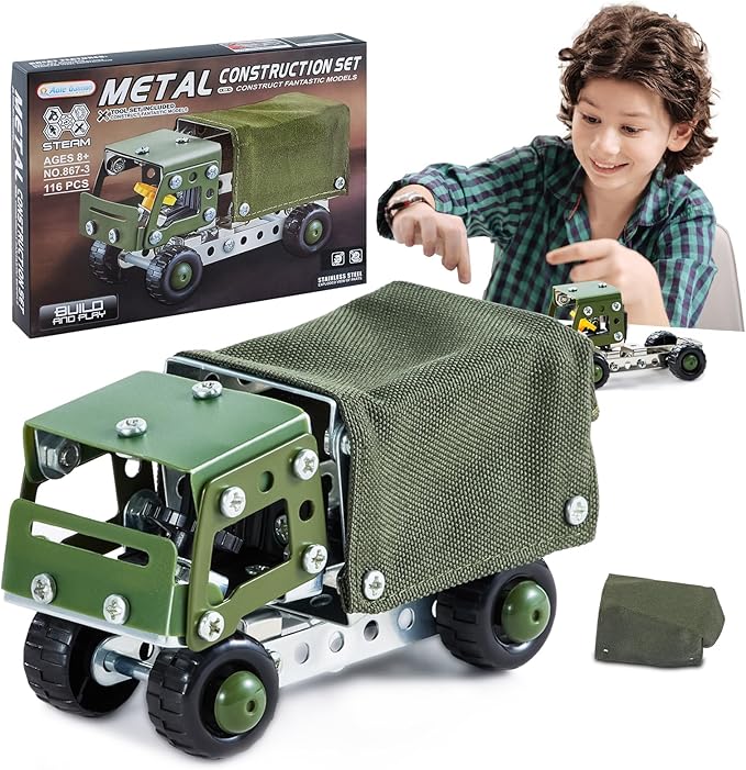 Military Truck STEM Building Toy Set for Boys Age 8-12 - Metal Army Toys Model Car Kits - Engineering Projects for Kids 6-10 - Vehicles