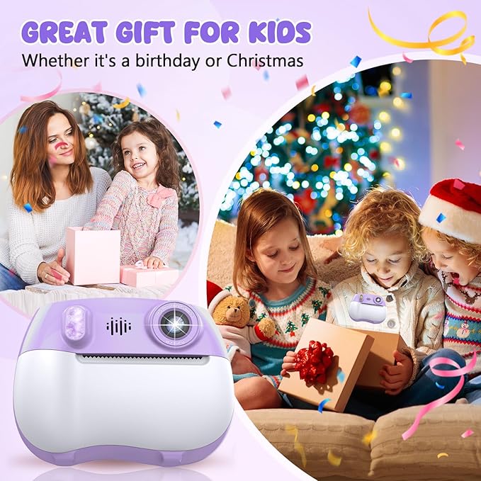 Instant Print Camera for Kids Christmas Birthday Gifts for Girls Boys HD Kids Digital Video Cameras for Toddler, Portable Toy for 3 4 5 6 7 8 9 10 11 12 Year Old with 32GB & 250 Print Paper, Purple