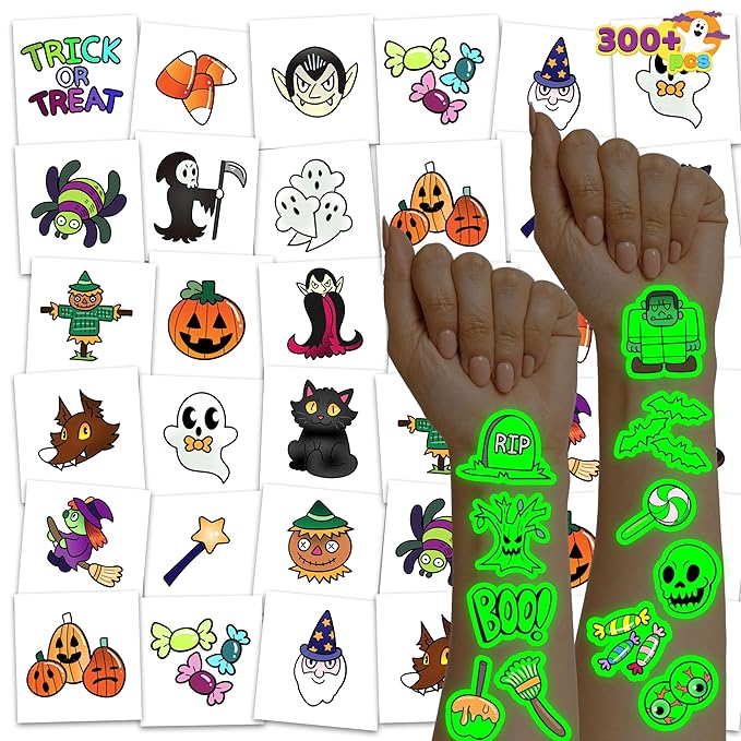 JOYIN 306 Pcs Halloween Glowing Temporary Tattoos for Kids, 42 Assorted Designs Bulk for Child Trick or Treat Game Gifts Halloween Party Favor Decorations Supplies Goodie Bags, Class Game Prizes