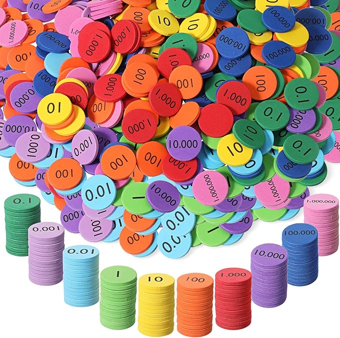 Kingdder Place Value Disks 10 Decimals to Whole Numbers Counting Chips for Kids Base 10 Place Value Manipulatives Math Counters Discs Set for Elementary School Math Supplies(1000 Pcs)