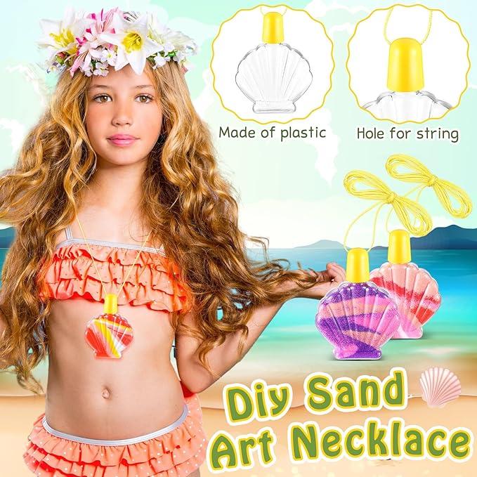 Relaxgiant 74 Pcs Shell Shaped Sand Art Bottle Necklace Kits Include Plastic Sand Art Bottles Necklace, 12 Colored Art Sand, Mini Plastic Funnels for DIY Art Class Crafts Supplies