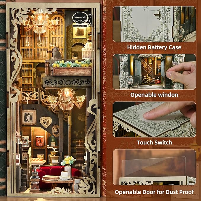 Book Nook Kit, DIY Miniature Dollhouse Booknook Kit, 3D Wooden Puzzle Bookend Bookshelf with LED Light for Adults Teens (Saison Café)
