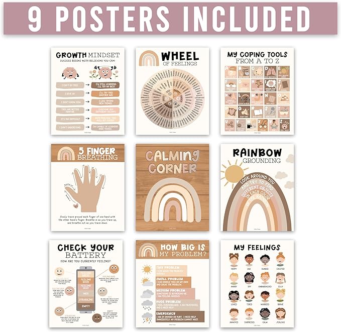 Hadley Designs 9 Calming Corner Posters For Classroom Must Haves For Teachers - 11x14 Calm Down Corner Supplies, Feelings Chart For Kids Ages 4-8, Feelings Wheel Poster, Boho Classroom Decor