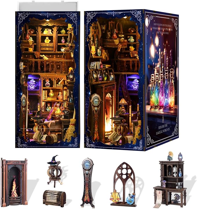 DIY Book Nook Kit Wooden Miniature Magic Potion House Kit 3D Wooden Bookends Miniature House Book Nook Kit for Adults Bookshelf Insert Decor with LED Lights Wood Crafts