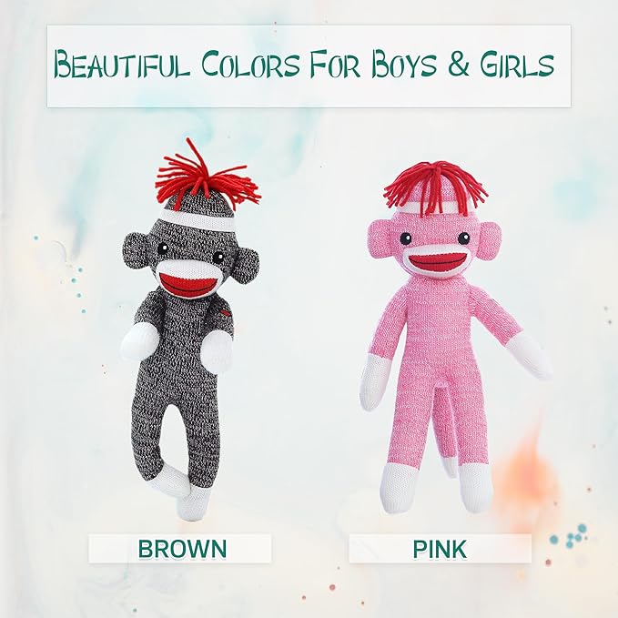 Adorable Sock Monkey 8 inch, The Original Traditional Hand Knitted Stuffed Animal Toy Gift-for Kids, Babies, Teens, Girls and Boys Baby Doll Present Puppet (Brown 8inch)