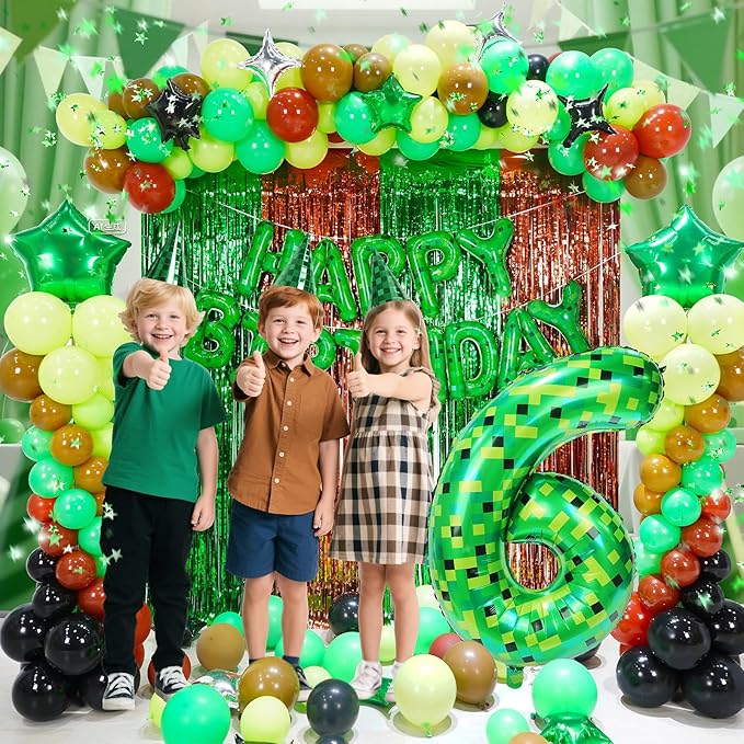 40in Pixel Giant Number 6 Balloon Birthday Decorations, Miner Theme Green Foil Balloons Blast Gaming Party Supplies