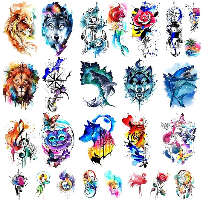 48 Watercolor temporary tattoos for adult and kids,Arm tattoo, body tattoo, watercolor lion wolf mermaid cat tiger,waterproof temporary tattoos realistic for women girls and kids, colourful