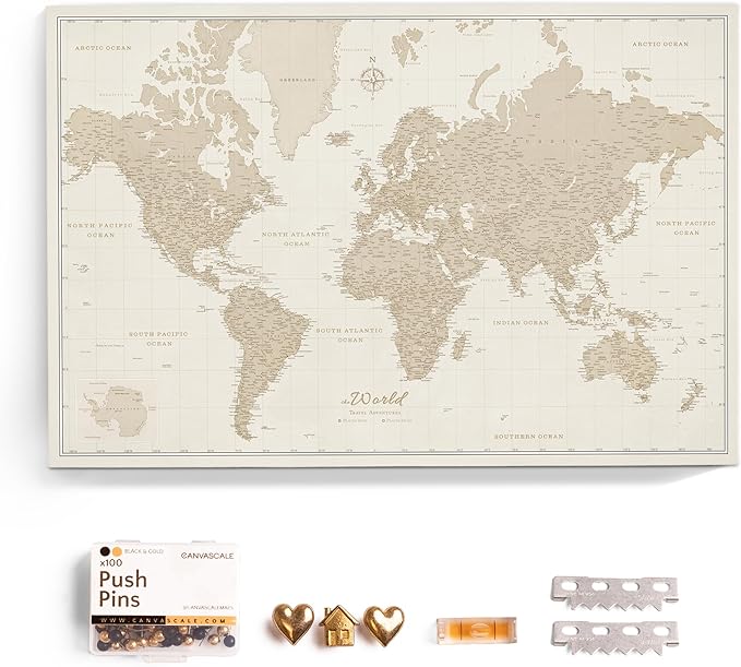 Canvas World Map with Cork Pin Board - English Lettering - Decorative Wall Decoration for All Rooms - Canvas Pictures with World Map Motif (150x100 cm, Pattern 9)