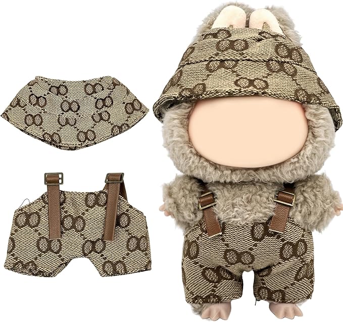 17cm Clothes Set(Only Outfit), Hat & Overalls Set for 6.7inch Doll, Cute Clothes for Dress up Unique Style, Stylish Clothes for Doll (Brown)