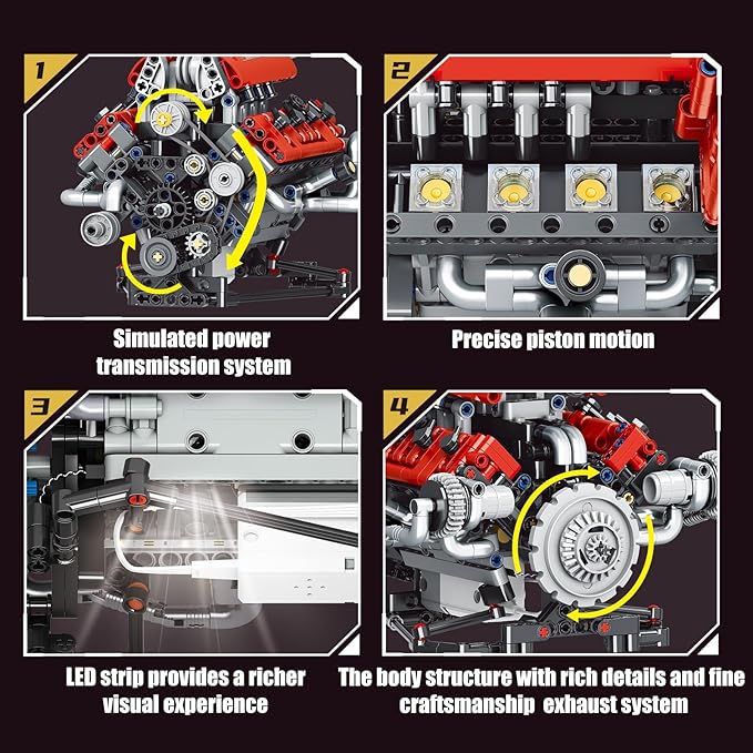 Sports Car Engine Building Blocks Kit,V8 Engine Model That Work Toy,with Motor, LED Light & APP Control for 6+ Years Kids Adults (660 Pieces)