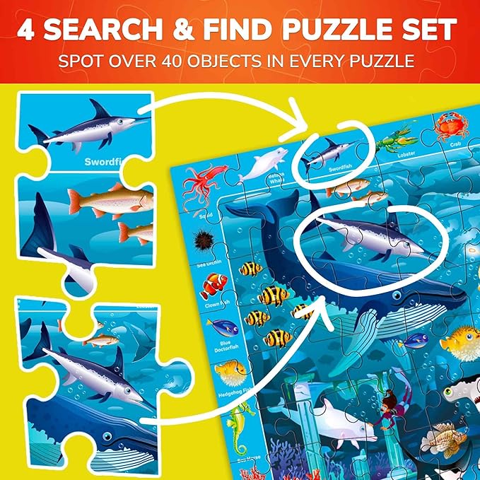 QUOKKA 100 Piece Puzzles for Kids Ages 4-6-4 Jigsaw Puzzles for Kids Ages - Search and Find Game with Animals, Dinosaurs for Childrens 5-8-Learning Educational Toys for Boys and Girls Improved Version