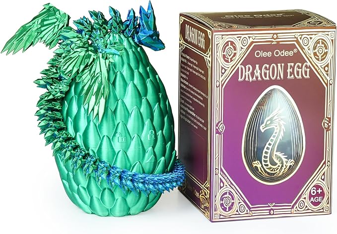 3D Printed Dragon Eggs with Articulated Fly Dragon Inside, Collectible Figurines Fidget Toy for Adults Kids Birthday Easter Christmas White Elephant Gifts for Friends Colleagues(Silk Green, L size)