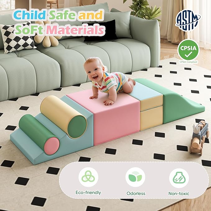 MU Soft Climbing Toys for Toddlers, Soft Foam Climbing Blocks, PU Leather Gym Climb & Crawl Soft Activity Playset, Indoor Climbing Toys Equipment for Kids and Children, Classic Grey, Macaron