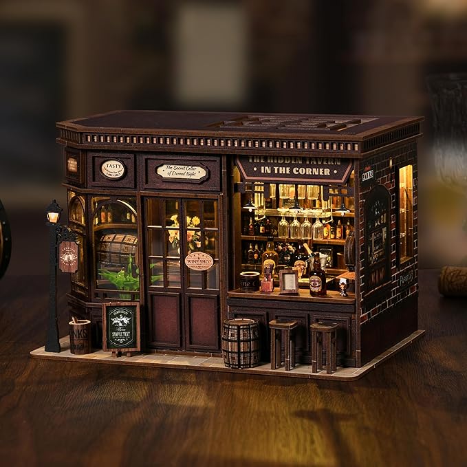 ISSEVE Book Nook Kit - DIY Miniature House Kit for Adults, Teens and Beginners, Corner Tavern Dollhouse Booknook Tiny House Bookshelf Decor 3D Wooden Puzzle, Gifts for Friends Family (Corner Tavern)