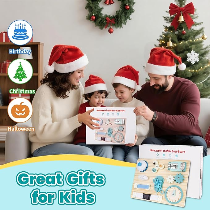 ATOYUS Montessori Busy Board Toys for Toddlers, Learning Educational Toys for 3 Year Old, Wooden Sensory Activity Toys for Kids 3-4 with Autism, Christmas Birthday Gift for Baby Boys Girls Ages 3-5