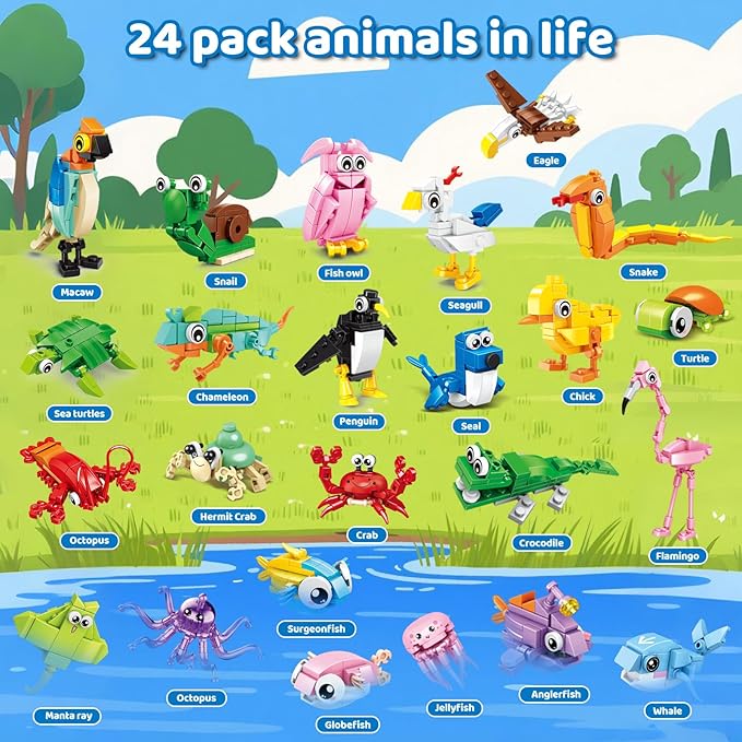 24 Packs Party Favors for Kids – 779 PCS 6-in-1 & 12-in-1 Animal Building Blocks Set with Animal Cards – Goodie Bag Fillers, Classroom Prizes, Birthday & Christmas Gifts for Kids Ages 6-12