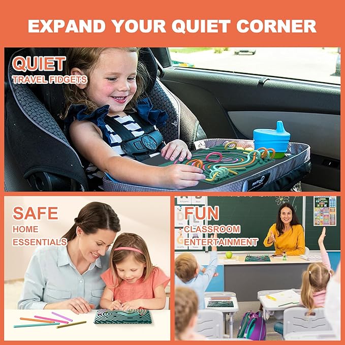 Sensory Fidget Toys for Kids,Silicone Sensory Activity Board for Stress,Anxiety,ADHD & Autism,Soft Worry Toys for Calm Down Corner Supplies,Play Therapy,Portable Travel Bag & 15 Strings (Green)