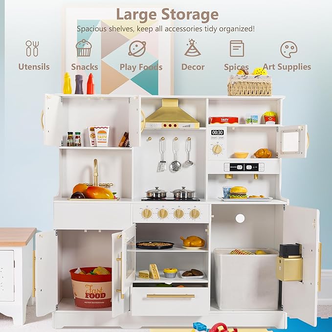 Kinder King Wooden Kids Play Kitchen, Toy Kitchen Playset for Toddler, Play Kitchen Set w/Real Sounds, Pretend Coffee Machine, Kitchen Hood, Sink, Ice Maker, Gift for Boys Girls Age 3+, White