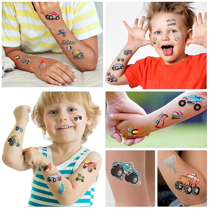 75 PCS Truck Temporary Tattoos for Kids, Groovy Metallic Styles Tattoos for Truck Wheels Birthday Party Supplies Racing Car Checkered Flag Trophy Flame Fake Tattoo Stickers for 5 6 7 8 Years Old Boys
