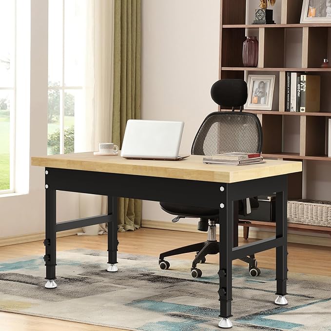 48" Adjustable Height Workbench, Heavy-Duty Work Table, Chipboard Top Wooden Workbench for Garage, Workshop, Office