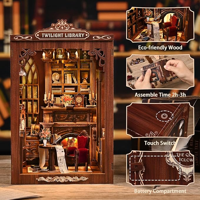 Book Nook，Sagiterra Dollhouse Kit，DIY Miniature Kit for Adults and Teens，3D Wooden Book Shelf Decoration for Family and Friends，Bookshelf Decor in Halloween/Christmas (Magic Twilight Library)