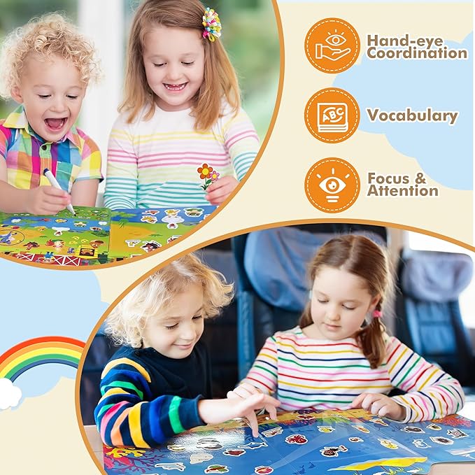 Reusable Jelly Sticker Books for Toddlers, 3D Waterproof Sticker Books, Travel Toys Activity Crafts Gifts for Kids, Farm Animals, Ocean Wrold