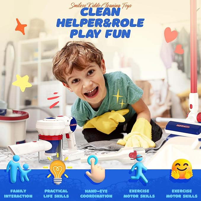 Kids Vacuum That Really Works, SMILESSKIDDO Kids Cleaning Toy Set - 3 in 1 Suction Design & Safe Material Toy Vacuum - Perfect Montessori Pretend Vacuum for Toddlers 3-8