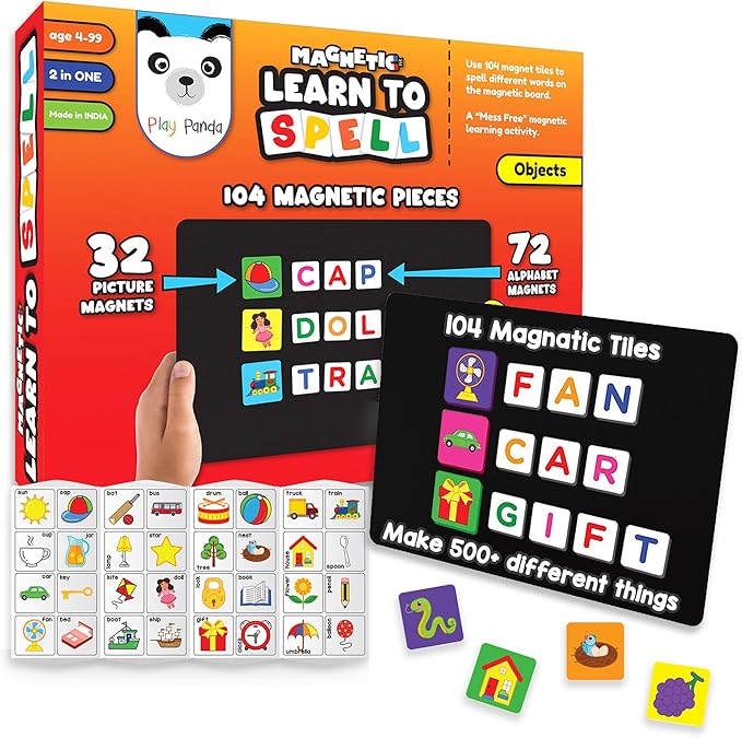 Magnetic Preschool learning Toys for Toddlers Aged 3 4 5 6 Years Old Learn to Spell Objects|104 Magnet Pieces-32 Picture & 72 Letters with Magnet Board & Spelling Game Guide|Educational Toy for Kids