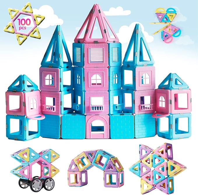 TOKBLOK Magnetic Tiles Toys for 3 4 5 6+ Year Old Girls Boys 100Pcs Macaron Magnet Building Blocks Set for Toddler STEM Educational Toys for Kids Birthday Gifts (Castle & Car Set)