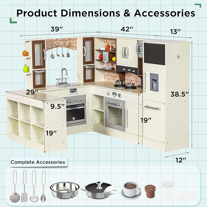 3-Piece Kids Kitchen Playset, Walk-in Wooden Play Kitchen Set for Toddlers, Modular Pretend Play Kitchen w/Light&Sound, Large Corner Kitchen Cooking Toy w/Coffee Capsule, Gift for Girls Boys
