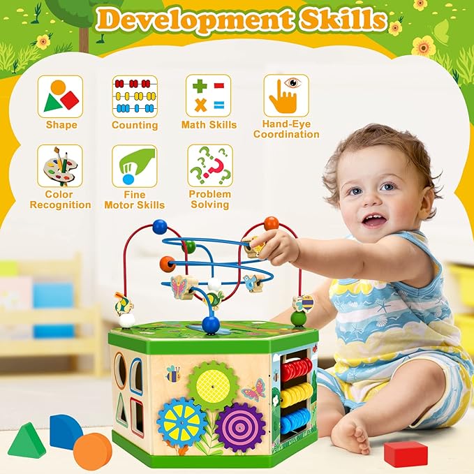 Wooden Activity Cube for 12-18 Month, 1 Year old Boys & Girls, 7-in-1 STEM Montessori Early Developmental Learning Toys for Kids Aged 1-2, Ideal 1st Birthday Gift Toys for Baby, Toddlers (Pink)