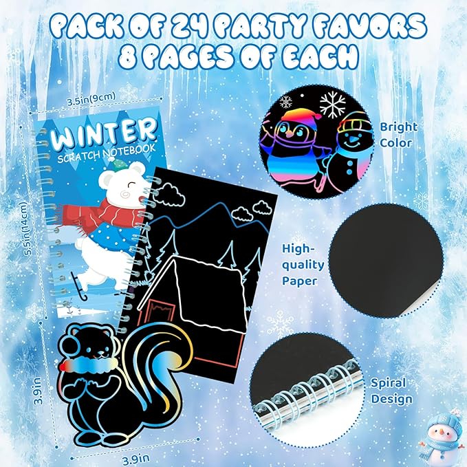 24 Pack Winter Scratch Art Party Favors for Kids - Rainbow Scratch Paper Snowflake Penguin Scratch Off Cards Frozen Birthday Goodie Bags Stuffers - Return Christmas Gifts DIY Classroom Prizes