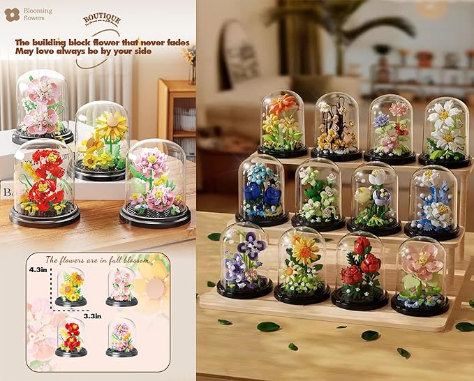 Flower Story Home Bouquets Dust Cover Set Building Toy Creative Assembly Bonsai Tree, Ideal for Valentine's Anniversaries Birthday
