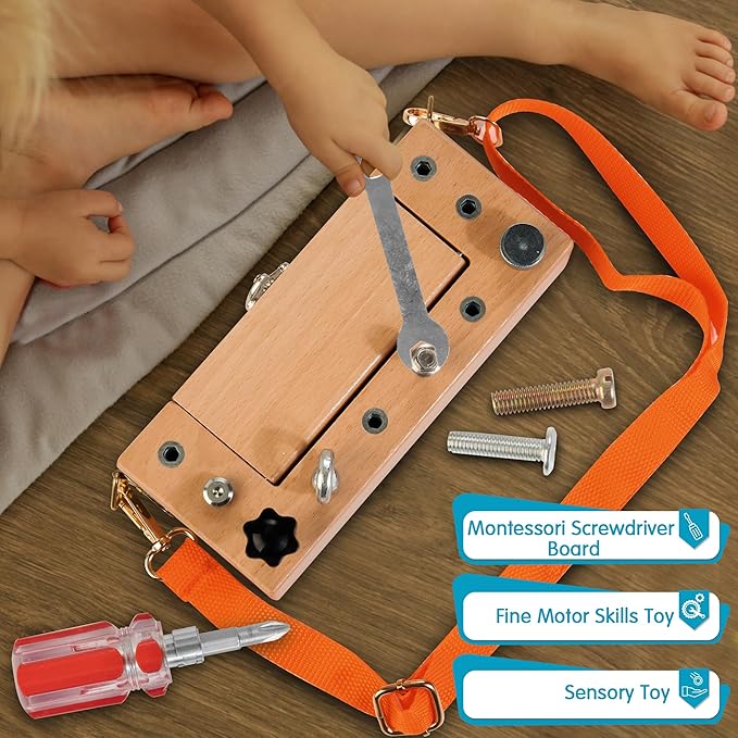 Montessori Screwdriver Board Set, Wooden Storage Box & Strap Toddler Real Tools, Montessori STEM Fine Motor Skills Toys for 3 4 5 Year Old Kids, Educational Sensory Preschool Learning Toys