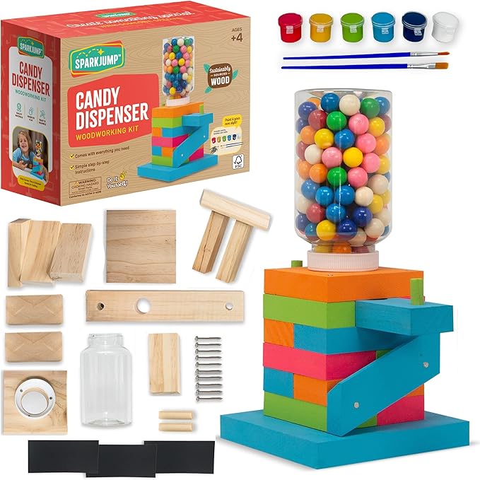 SparkJump DIY Wood Building Kits, STEM Woodworking Kit for Kids, Creative Fun Craft Projects, Great Gift for Boys & Girls (Candy Dispenser, 1-Pack)