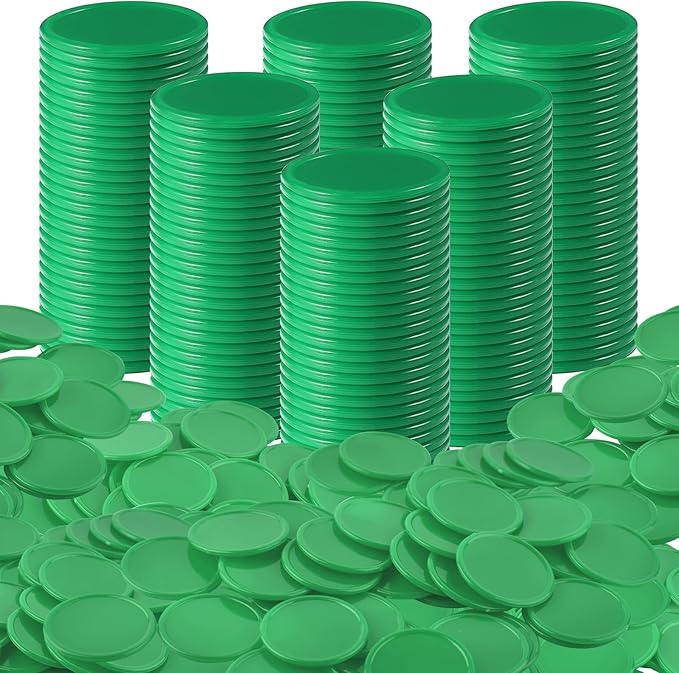 Coopay 500 Pieces Plastic Learning Counters Disks Bingo Chip Counting Discs Markers for Math Practice and Poker Chips Game Tokens Kids Reward, 1 Inch (Green)