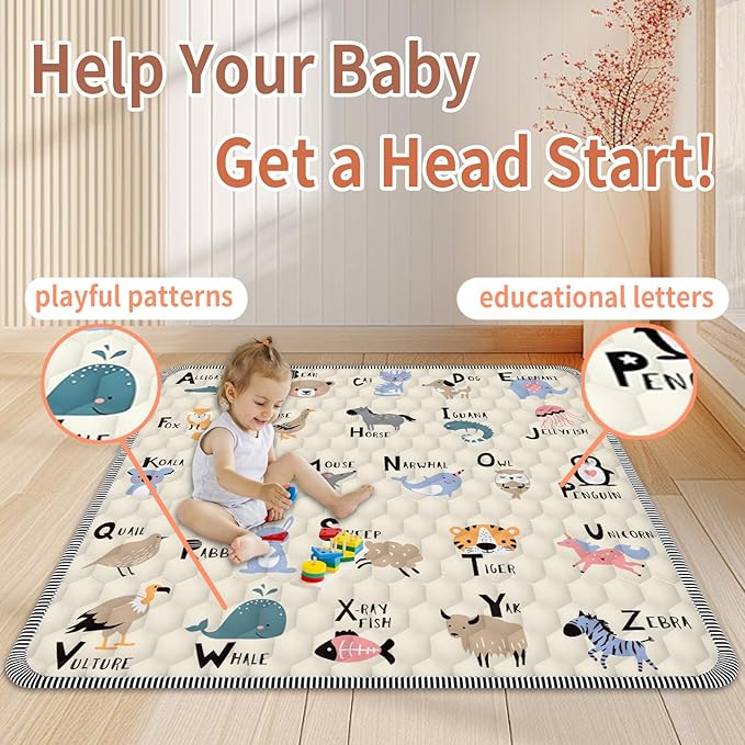 Baby Play Mat 50" X 50", Thickened Soft, Waterproof and Non-Slip Crawling Floor Pad, Machine Washable and Foldable for Floor Playpen