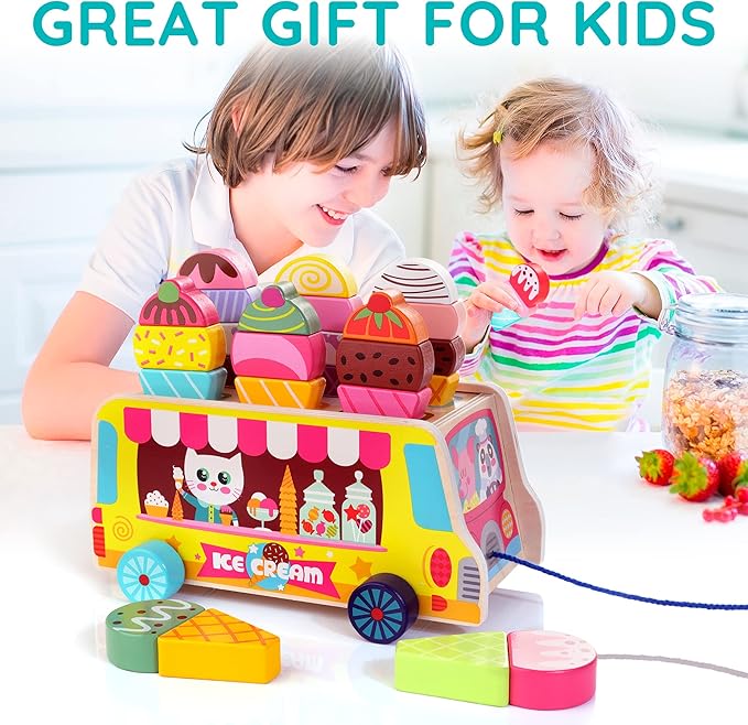 Wooden Ice Cream Truck, 28 pcs Magnetic Ice Cream Sweet Treats Pretend Play Food & Accessories, Montessori Sorting & Stacking Toys for Toddler Girls & Boys Age 2-5