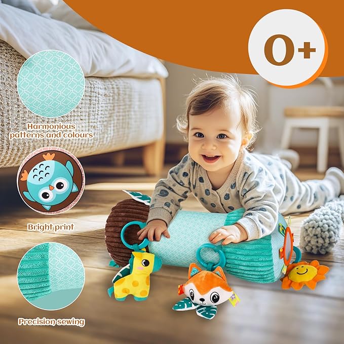 Inflatable Baby Tummy Time Toys Pillow for Newborn, Montessori Baby Sensory Toys Roller with Detachable Mirror, Squeaker, Teether & Rattle, Help with Early Development 3-6 Months (Fox)