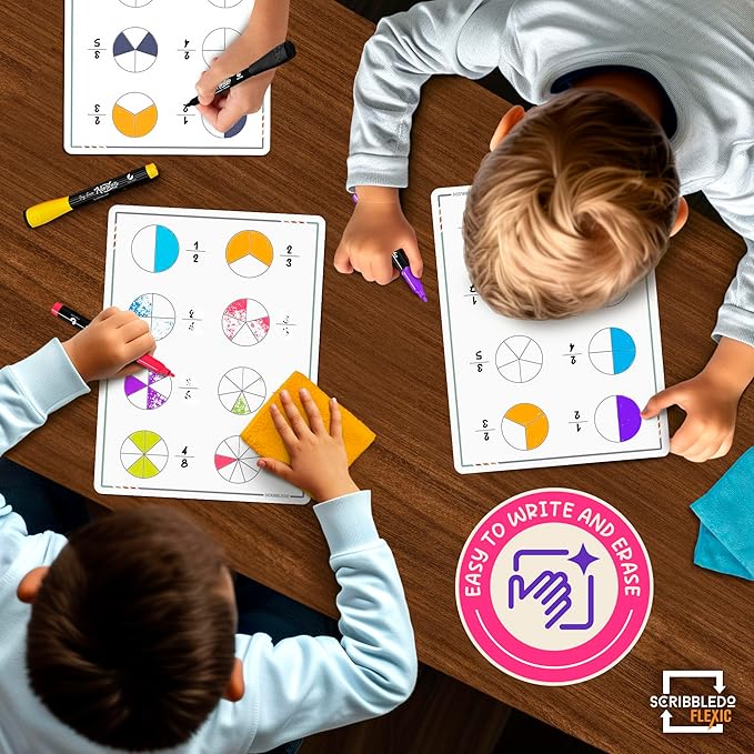 SCRIBBLEDO Fraction Manipulatives 9”x12” Small White Board Dry Erase Sheets Math Manipulatives 1st Grade Students 2nd Grade Fractions Homeschool Supplies Teacher Classroom Pack of 10 Sheets