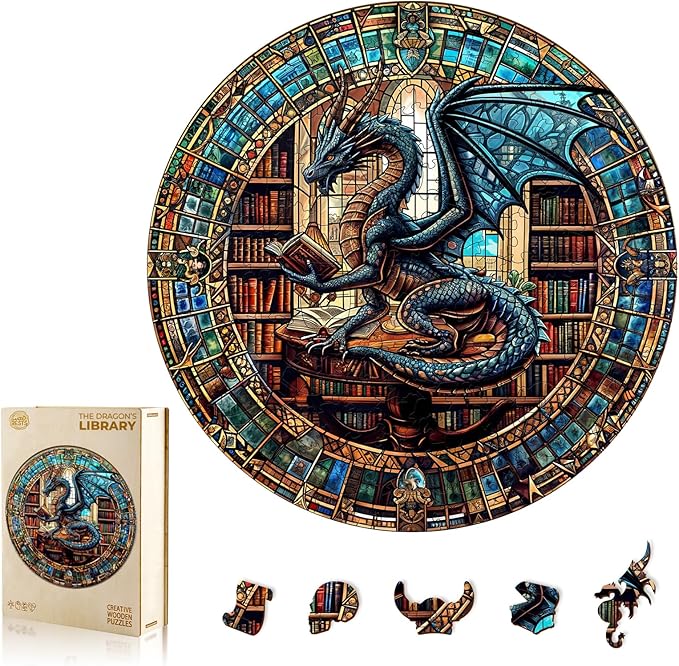 WOODBESTS Wooden Puzzles for Adults (100 Piece, S, 8.5"x8.5") Dragon's Library Wood Puzzle Adult, Unique Wooden Animal Jigsaw Puzzles, Family Game and Birthday Gifts for Friend