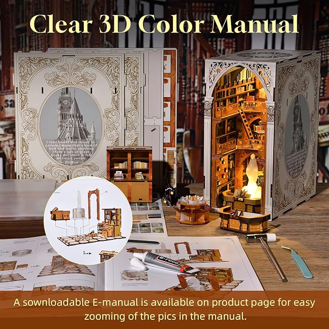 DIY Book Nook Kit, Miniature Dollhouse Booknook Kit, 3D Wooden Puzzle for Teens and Adults, Bookend Bookshelf Insert with LED Light (Public Library)