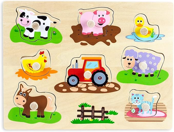 Professor Poplar’s Wooden Barnyard Peg Puzzle (8pcs.) - Wood Learning Puzzles for Toddlers and Kids, Animal Themed