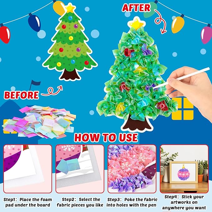 Lonfliness 8PCS Poke-in Craft and Art Kits Kids Christmas No-Mess Fabric Sewing Art Girl Boy 4-12 Puzzle Puncture Painting Santa Snowman Gingerbread Xmas Toy Gift Creative Activity Game Birthday Party