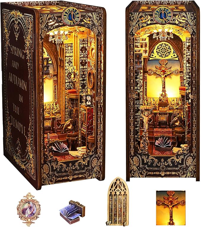 Spobot Book Nook Kit DIY Bookshelf Decor Kit with LED Light 3D Booknook Wooden Puzzle Bookend Stand Miniature Dollhouse Kit Gifts for Adults (Covenant Church)